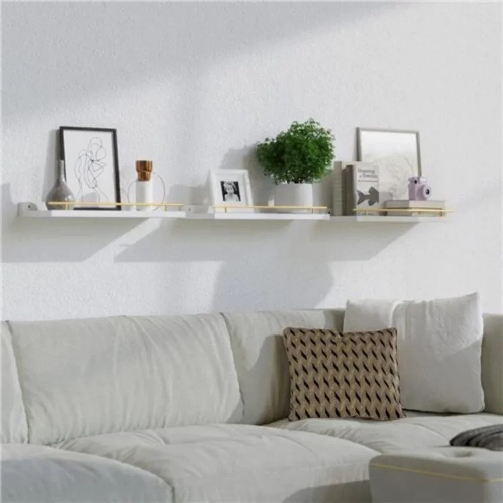 Floating Shelves with Gold Metal Guardrail 16inc Shelves for Wall Decor Set of 3